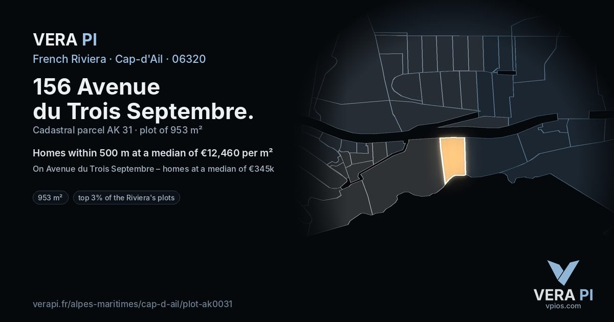 156 Avenue du Trois Septembre, Cap-d'Ail at night – the plot lit, the parcels around coloured by the prices near them