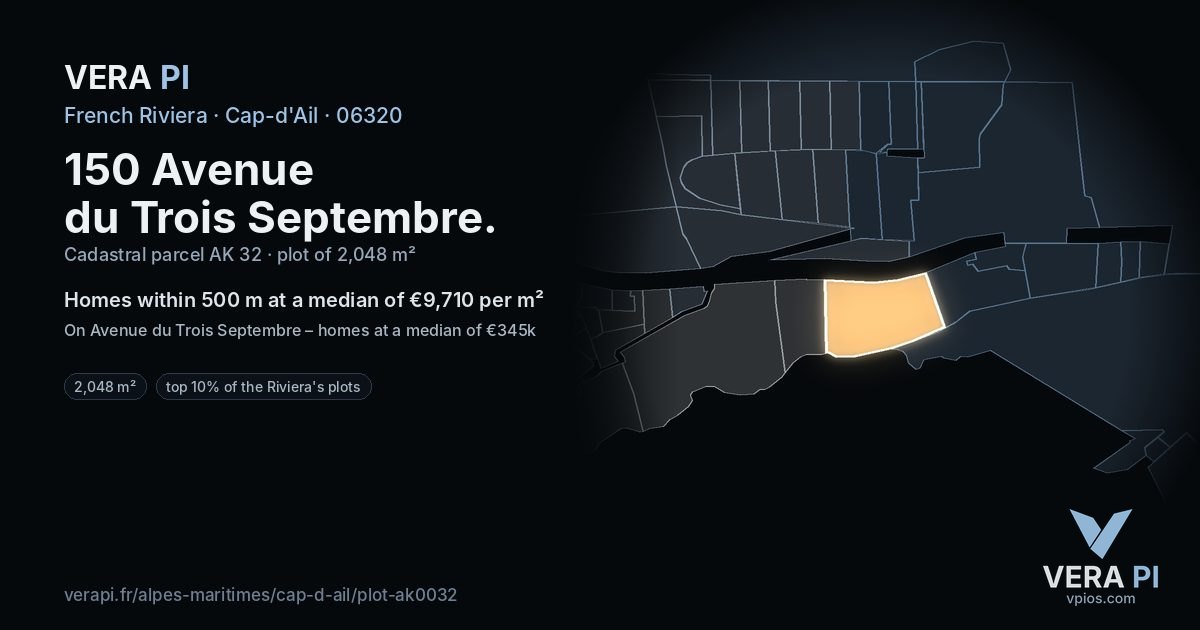 150 Avenue du Trois Septembre, Cap-d'Ail at night – the plot lit, the parcels around coloured by the prices near them