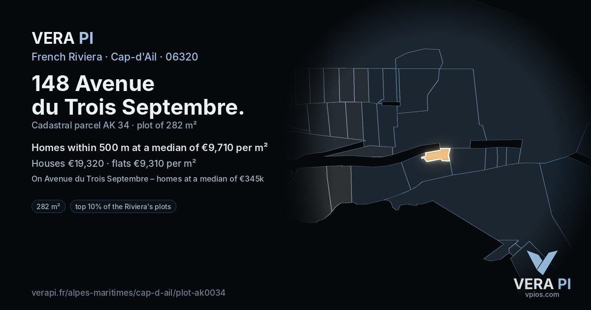 148 Avenue du Trois Septembre, Cap-d'Ail at night – the plot lit, the parcels around coloured by the prices near them