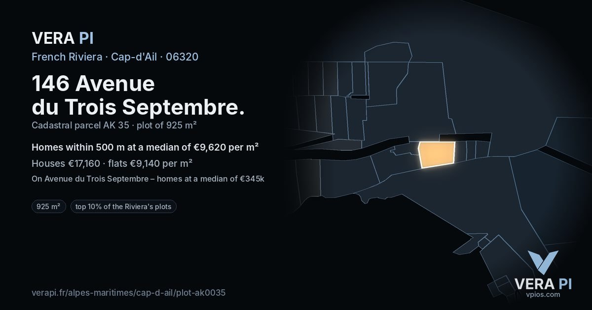 146 Avenue du Trois Septembre, Cap-d'Ail at night – the plot lit, the parcels around coloured by the prices near them
