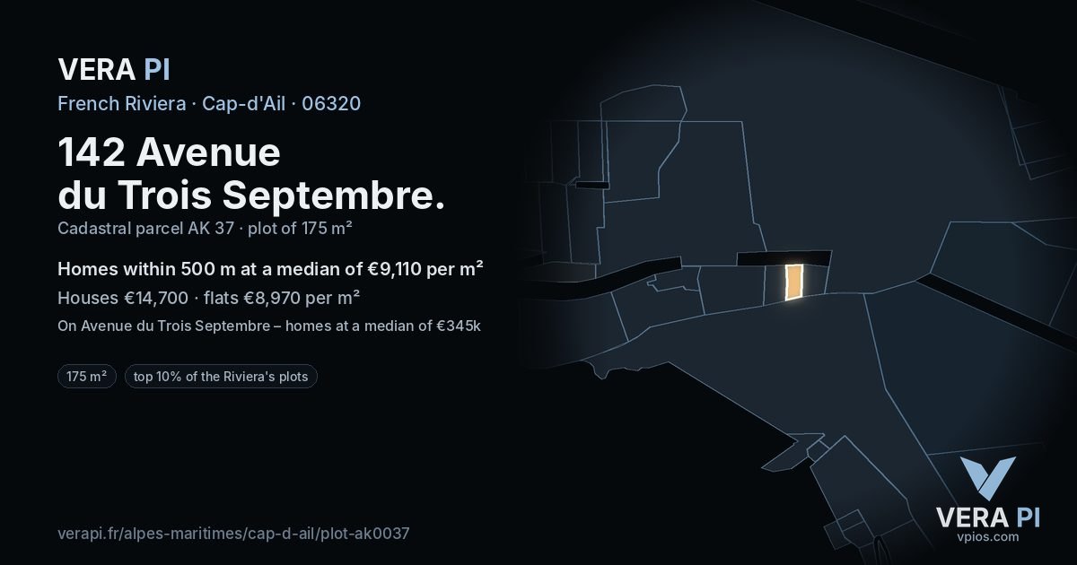 142 Avenue du Trois Septembre, Cap-d'Ail at night – the plot lit, the parcels around coloured by the prices near them