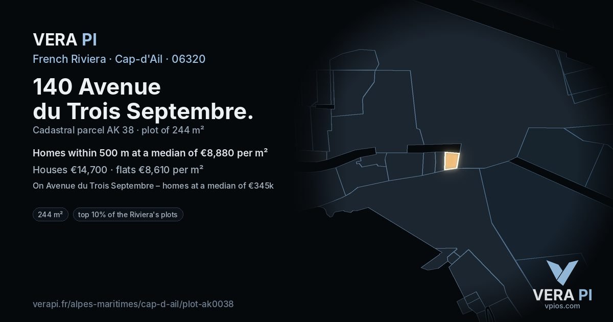 140 Avenue du Trois Septembre, Cap-d'Ail at night – the plot lit, the parcels around coloured by the prices near them