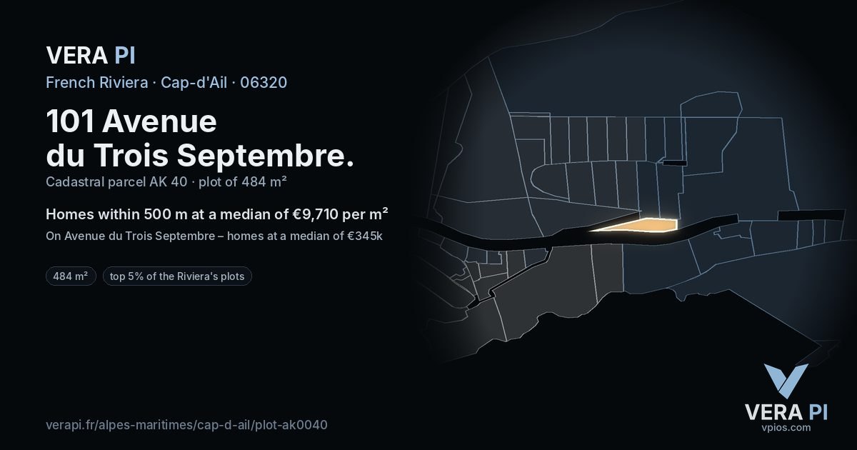 101 Avenue du Trois Septembre, Cap-d'Ail at night – the plot lit, the parcels around coloured by the prices near them