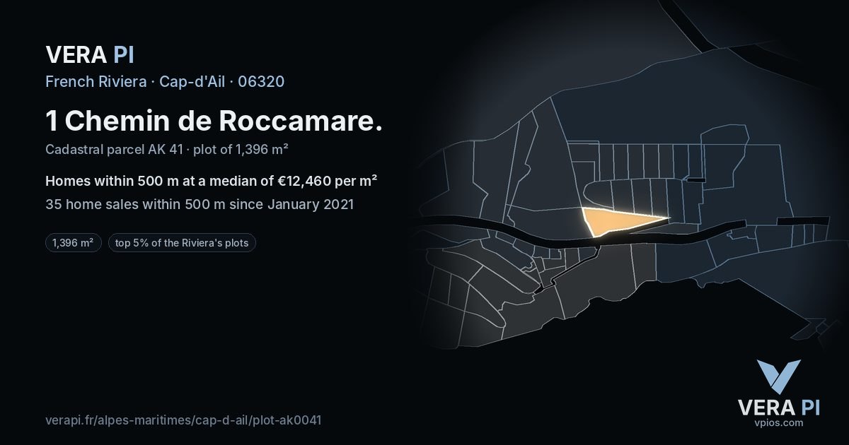 1 Chemin de Roccamare, Cap-d'Ail at night – the plot lit, the parcels around coloured by the prices near them