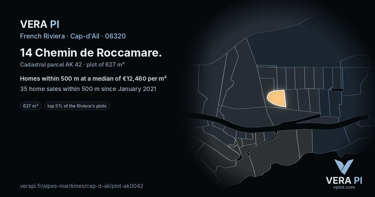 14 Chemin de Roccamare, Cap-d'Ail at night – the plot lit, the parcels around coloured by the prices near them