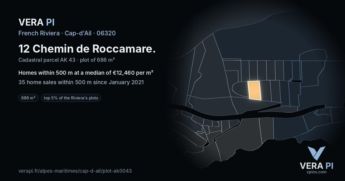 12 Chemin de Roccamare, Cap-d'Ail at night – the plot lit, the parcels around coloured by the prices near them