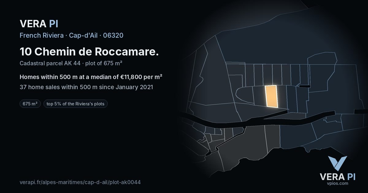 10 Chemin de Roccamare, Cap-d'Ail at night – the plot lit, the parcels around coloured by the prices near them