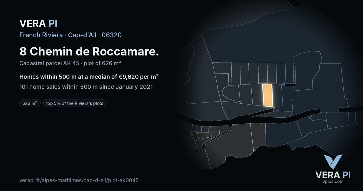 8 Chemin de Roccamare, Cap-d'Ail at night – the plot lit, the parcels around coloured by the prices near them