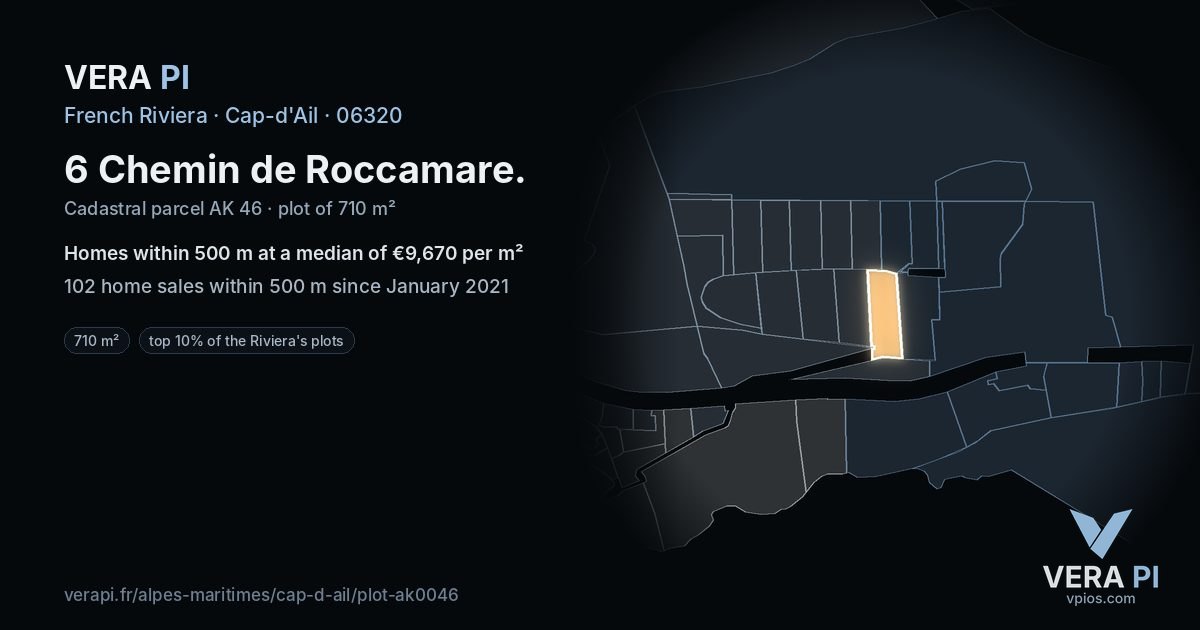 6 Chemin de Roccamare, Cap-d'Ail at night – the plot lit, the parcels around coloured by the prices near them