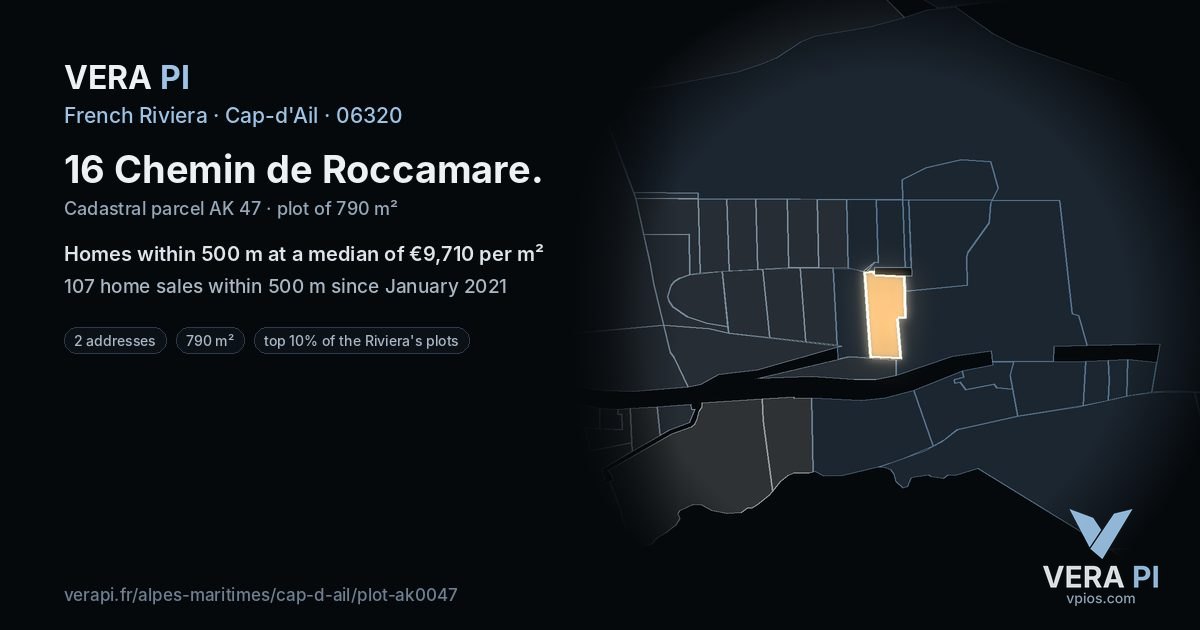 16 Chemin de Roccamare, Cap-d'Ail at night – the plot lit, the parcels around coloured by the prices near them