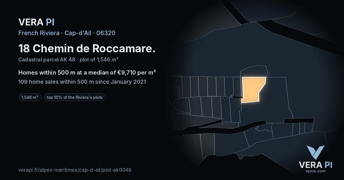 18 Chemin de Roccamare, Cap-d'Ail at night – the plot lit, the parcels around coloured by the prices near them