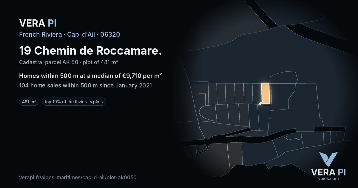 19 Chemin de Roccamare, Cap-d'Ail at night – the plot lit, the parcels around coloured by the prices near them