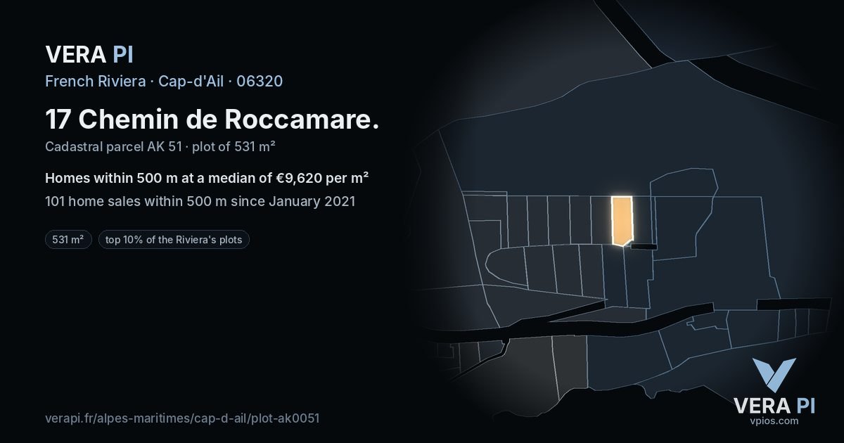 17 Chemin de Roccamare, Cap-d'Ail at night – the plot lit, the parcels around coloured by the prices near them