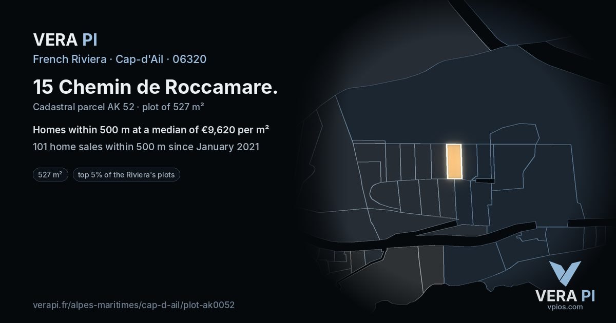 15 Chemin de Roccamare, Cap-d'Ail at night – the plot lit, the parcels around coloured by the prices near them