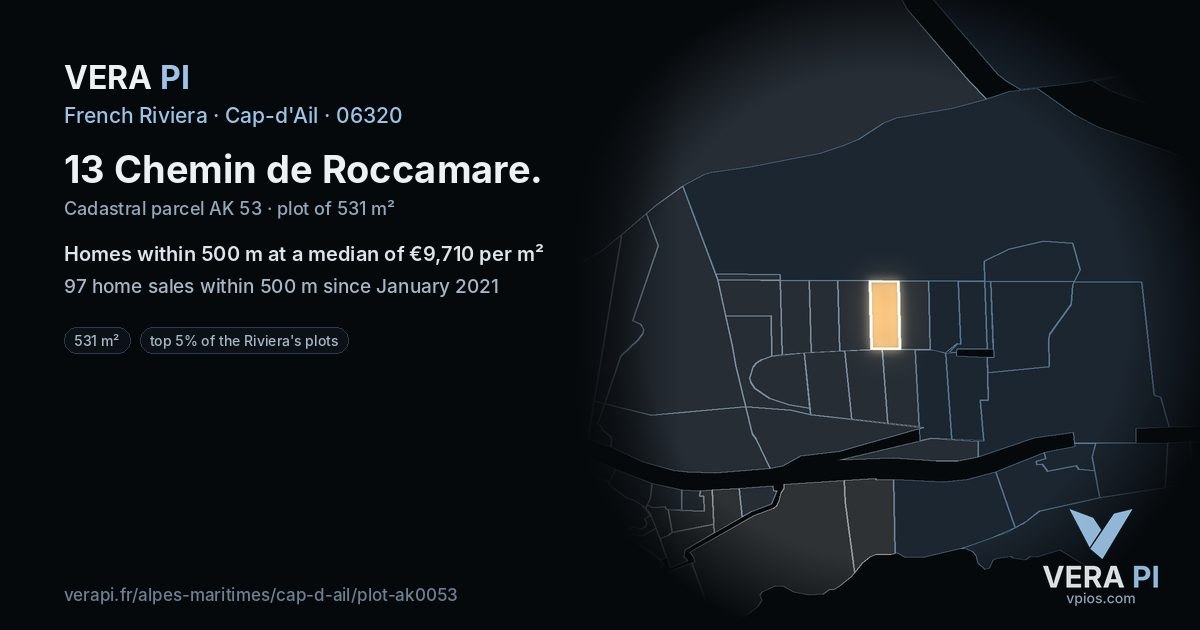 13 Chemin de Roccamare, Cap-d'Ail at night – the plot lit, the parcels around coloured by the prices near them