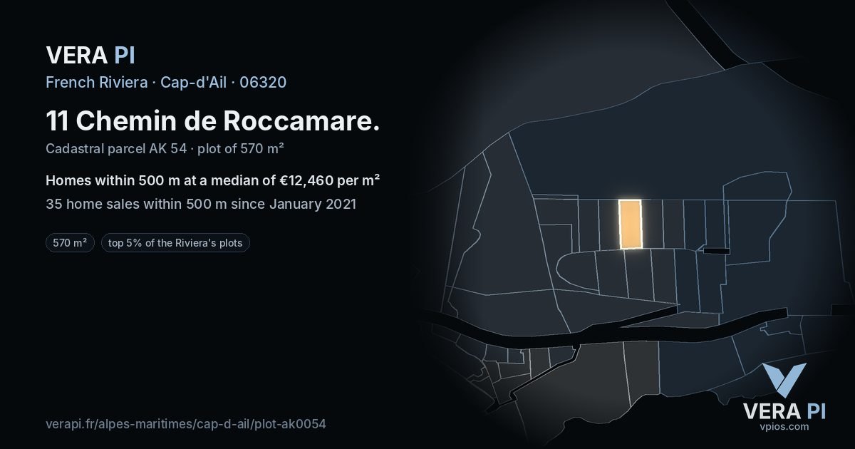 11 Chemin de Roccamare, Cap-d'Ail at night – the plot lit, the parcels around coloured by the prices near them