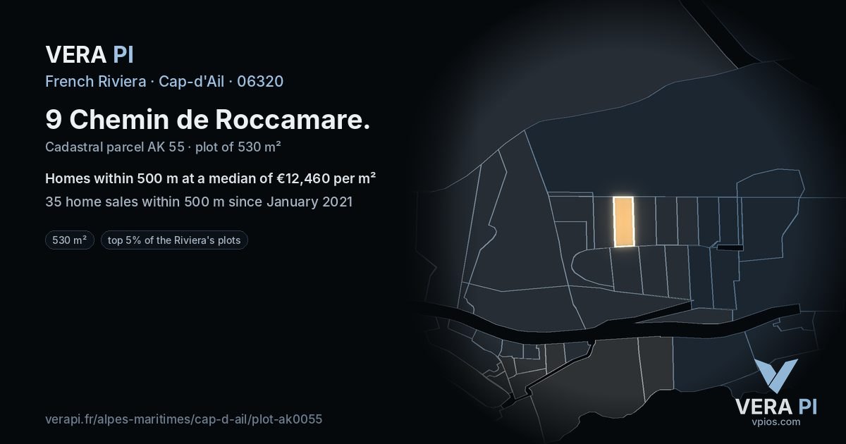 9 Chemin de Roccamare, Cap-d'Ail at night – the plot lit, the parcels around coloured by the prices near them