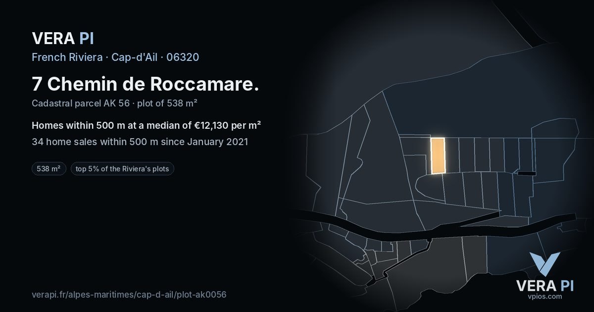 7 Chemin de Roccamare, Cap-d'Ail at night – the plot lit, the parcels around coloured by the prices near them