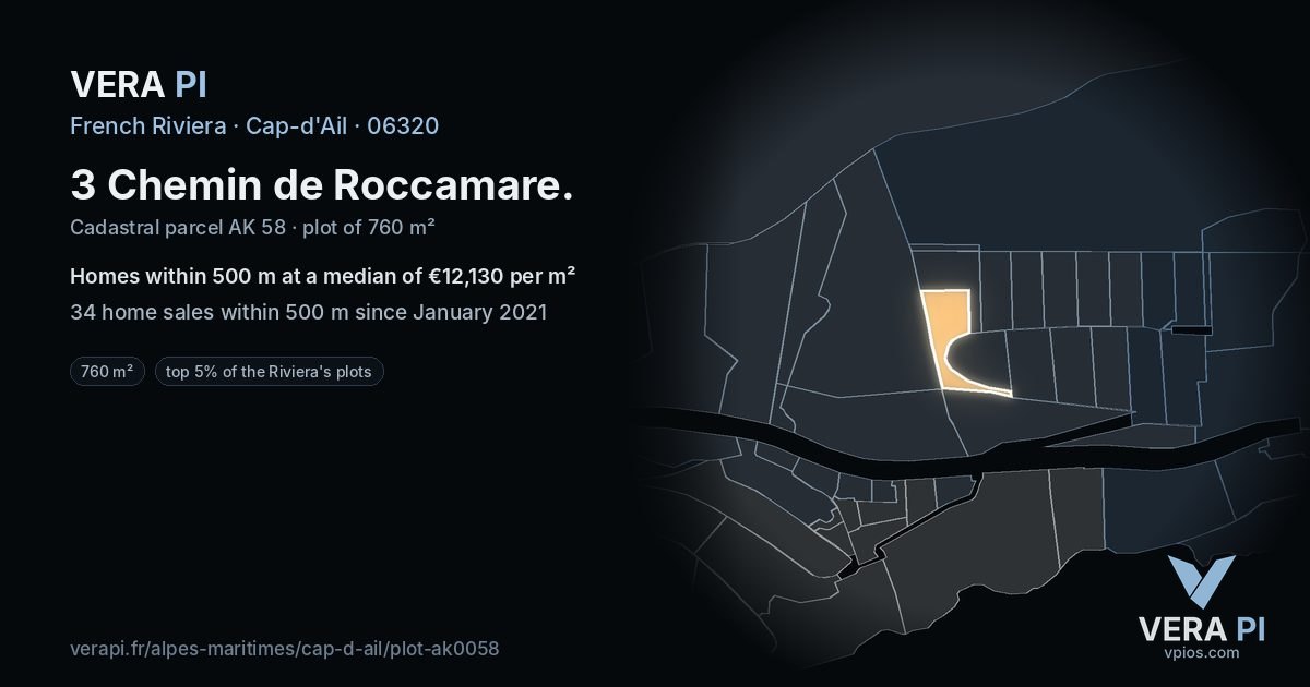 3 Chemin de Roccamare, Cap-d'Ail at night – the plot lit, the parcels around coloured by the prices near them