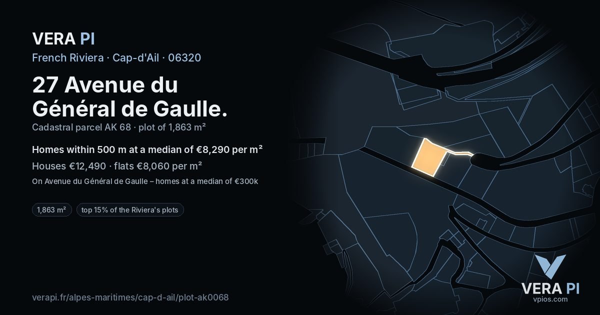 27 Avenue du Général de Gaulle, Cap-d'Ail at night – the plot lit, the parcels around coloured by the prices near them