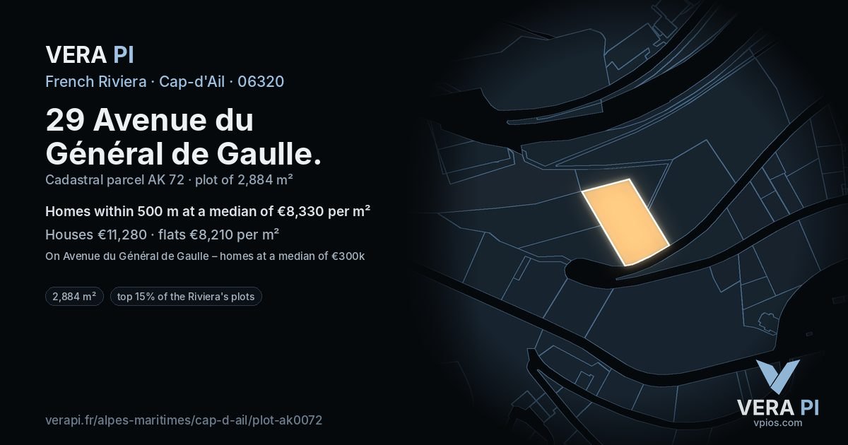 29 Avenue du Général de Gaulle, Cap-d'Ail at night – the plot lit, the parcels around coloured by the prices near them