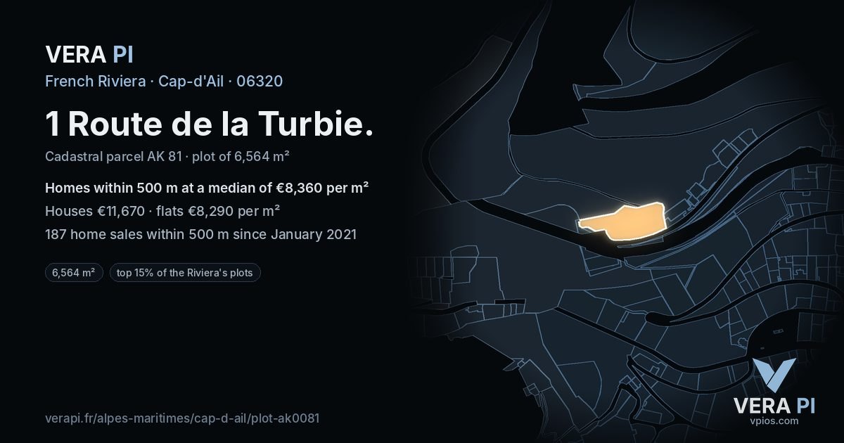 1 Route de la Turbie, Cap-d'Ail at night – the plot lit, the parcels around coloured by the prices near them
