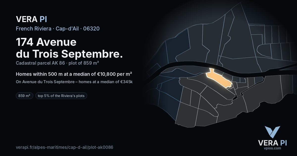 174 Avenue du Trois Septembre, Cap-d'Ail at night – the plot lit, the parcels around coloured by the prices near them