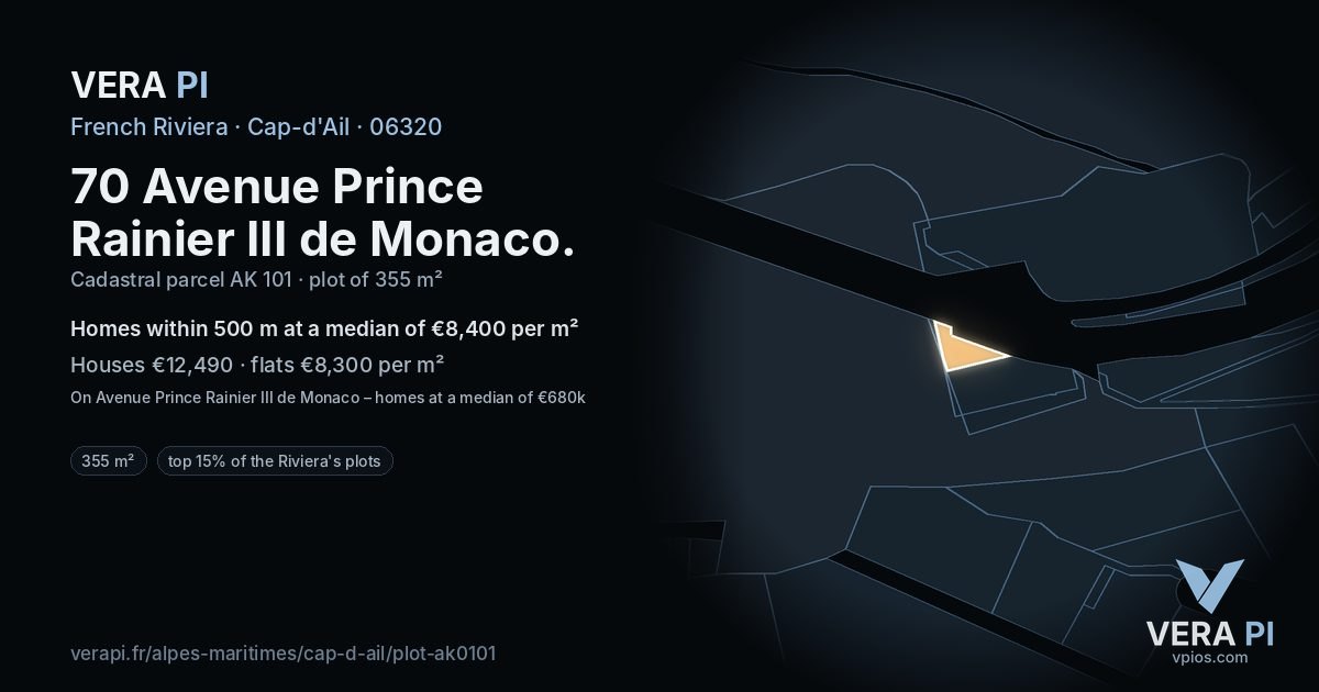 70 Avenue Prince Rainier III de Monaco, Cap-d'Ail at night – the plot lit, the parcels around coloured by the prices near them