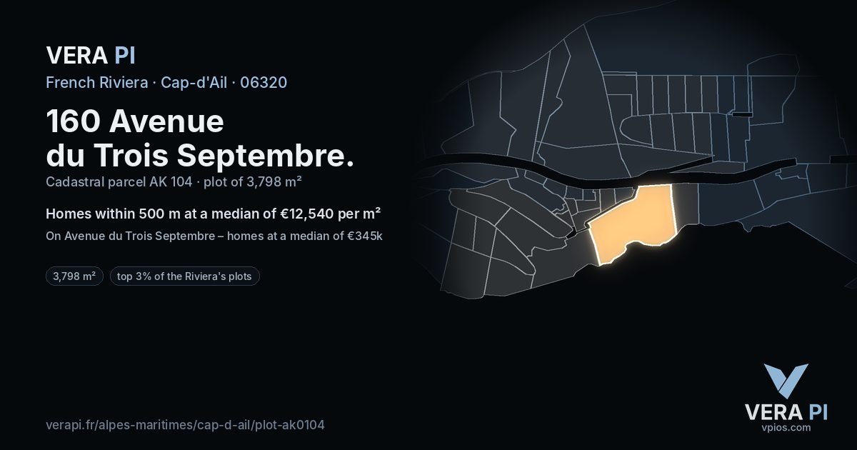 160 Avenue du Trois Septembre, Cap-d'Ail at night – the plot lit, the parcels around coloured by the prices near them