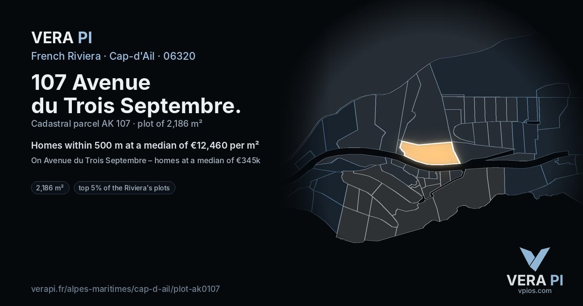 107 Avenue du Trois Septembre, Cap-d'Ail at night – the plot lit, the parcels around coloured by the prices near them