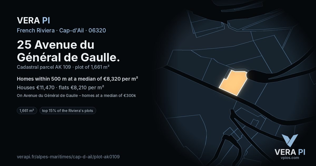 25 Avenue du Général de Gaulle, Cap-d'Ail at night – the plot lit, the parcels around coloured by the prices near them