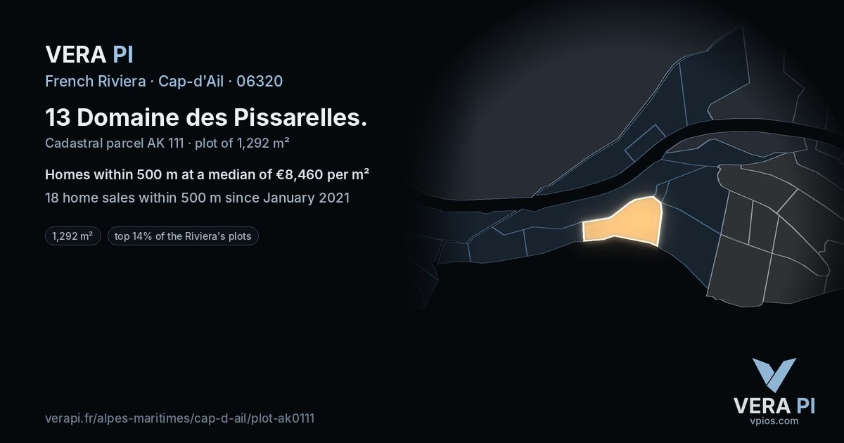 13 Domaine des Pissarelles, Cap-d'Ail at night – the plot lit, the parcels around coloured by the prices near them