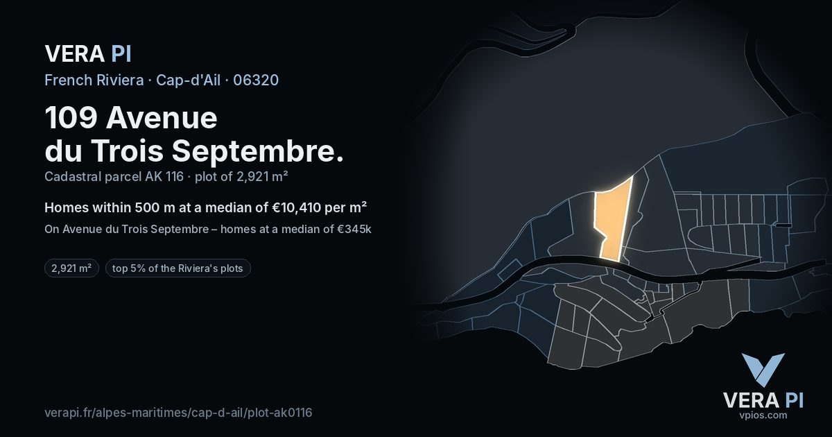 109 Avenue du Trois Septembre, Cap-d'Ail at night – the plot lit, the parcels around coloured by the prices near them