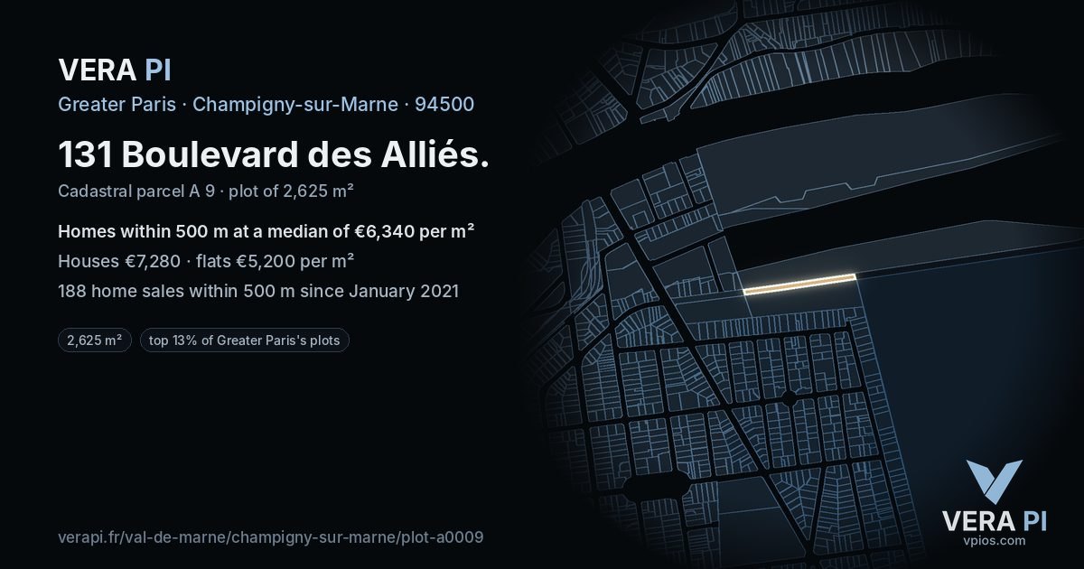 131 Boulevard des Alliés, Champigny-sur-Marne at night – the plot lit, the parcels around coloured by the prices near them