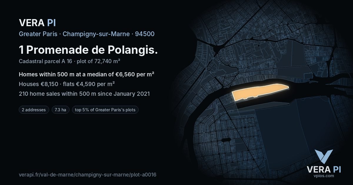 1 Promenade de Polangis, Champigny-sur-Marne at night – the plot lit, the parcels around coloured by the prices near them
