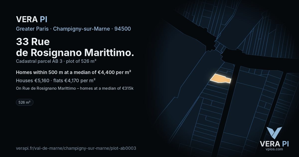 33 Rue de Rosignano Marittimo, Champigny-sur-Marne at night – the plot lit, the parcels around coloured by the prices near them