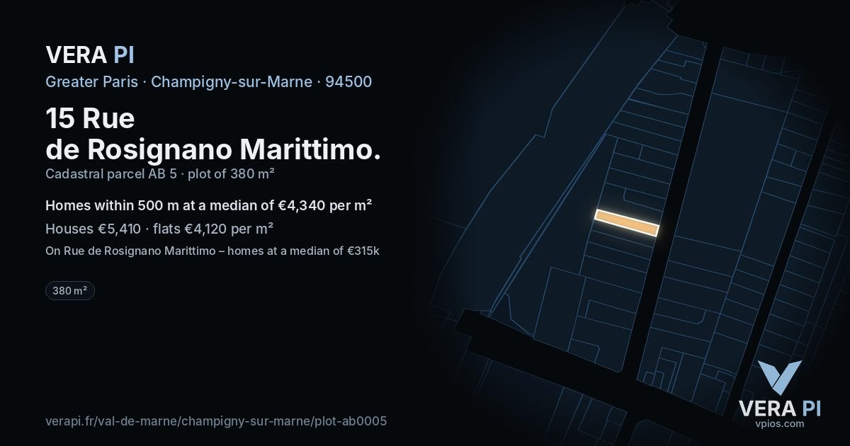 15 Rue de Rosignano Marittimo, Champigny-sur-Marne at night – the plot lit, the parcels around coloured by the prices near them
