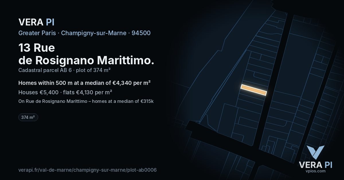 13 Rue de Rosignano Marittimo, Champigny-sur-Marne at night – the plot lit, the parcels around coloured by the prices near them