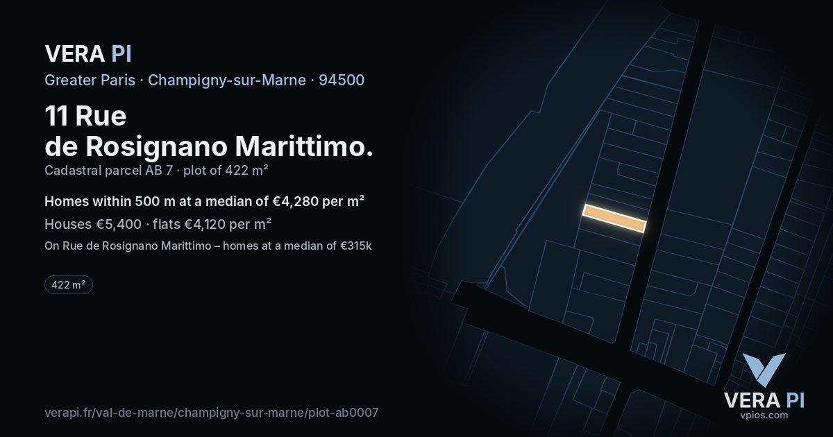 11 Rue de Rosignano Marittimo, Champigny-sur-Marne at night – the plot lit, the parcels around coloured by the prices near them