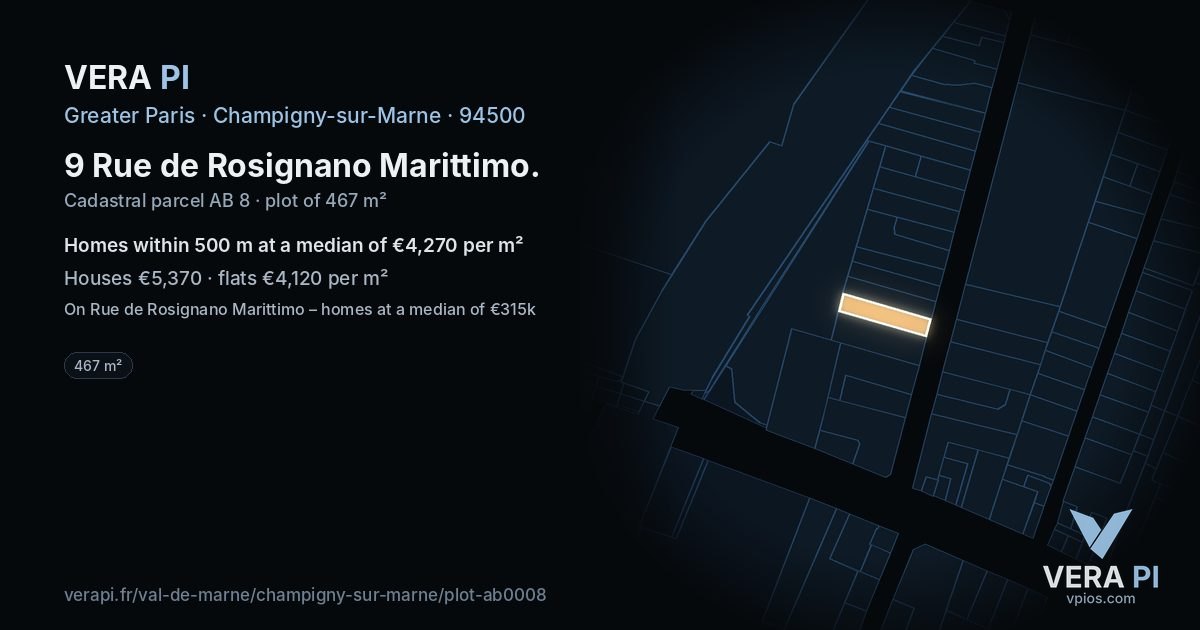 9 Rue de Rosignano Marittimo, Champigny-sur-Marne at night – the plot lit, the parcels around coloured by the prices near them