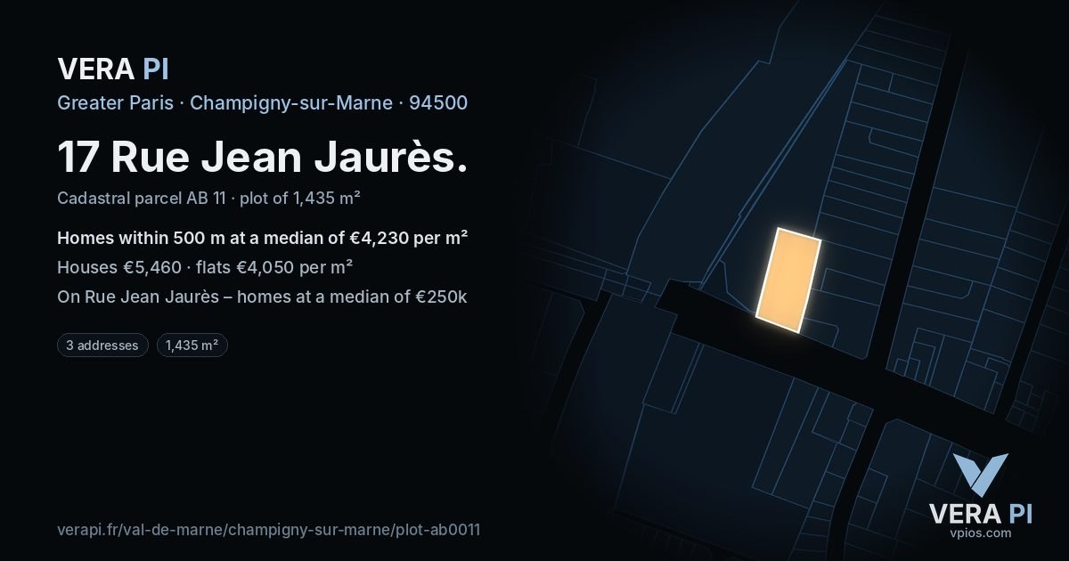 17 Rue Jean Jaurès, Champigny-sur-Marne at night – the plot lit, the parcels around coloured by the prices near them