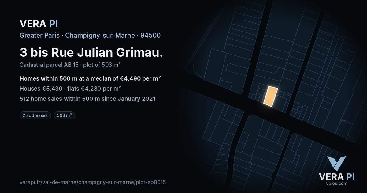 3 bis Rue Julian Grimau, Champigny-sur-Marne at night – the plot lit, the parcels around coloured by the prices near them