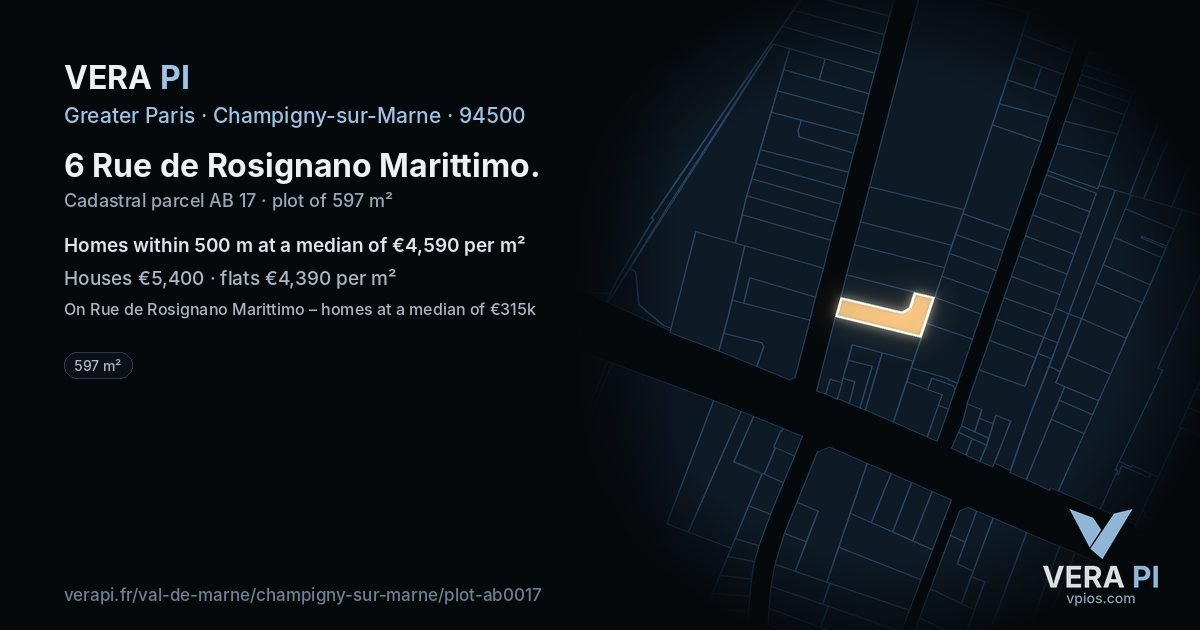 6 Rue de Rosignano Marittimo, Champigny-sur-Marne at night – the plot lit, the parcels around coloured by the prices near them