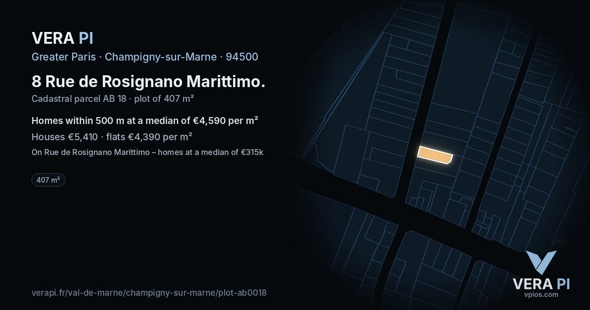 8 Rue de Rosignano Marittimo, Champigny-sur-Marne at night – the plot lit, the parcels around coloured by the prices near them