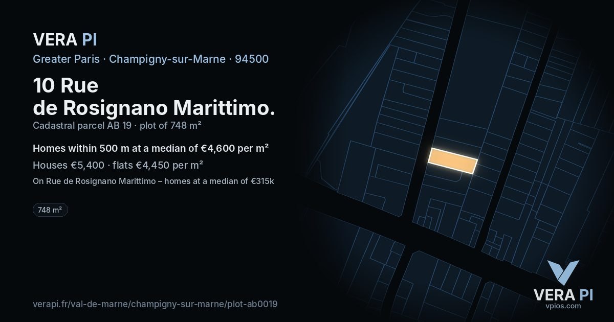 10 Rue de Rosignano Marittimo, Champigny-sur-Marne at night – the plot lit, the parcels around coloured by the prices near them