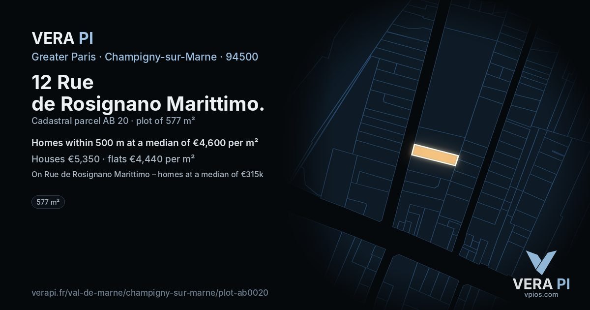 12 Rue de Rosignano Marittimo, Champigny-sur-Marne at night – the plot lit, the parcels around coloured by the prices near them
