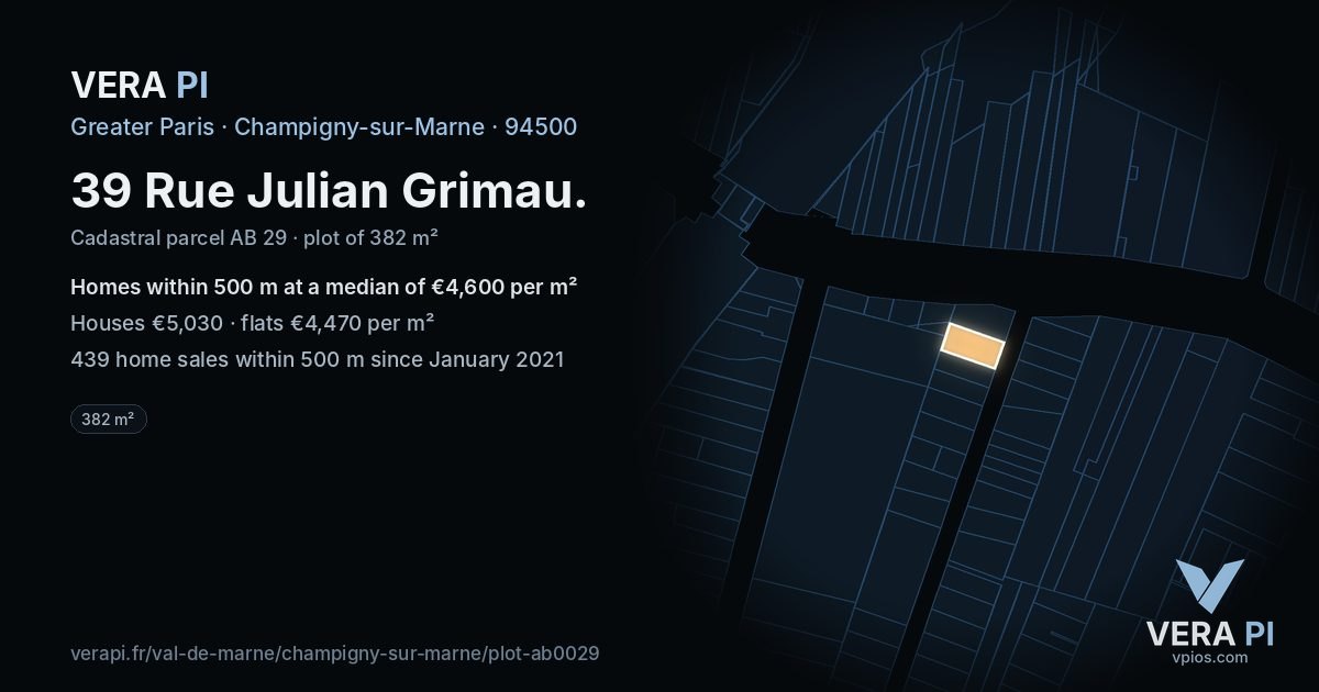 39 Rue Julian Grimau, Champigny-sur-Marne at night – the plot lit, the parcels around coloured by the prices near them