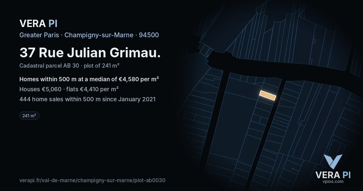 37 Rue Julian Grimau, Champigny-sur-Marne at night – the plot lit, the parcels around coloured by the prices near them