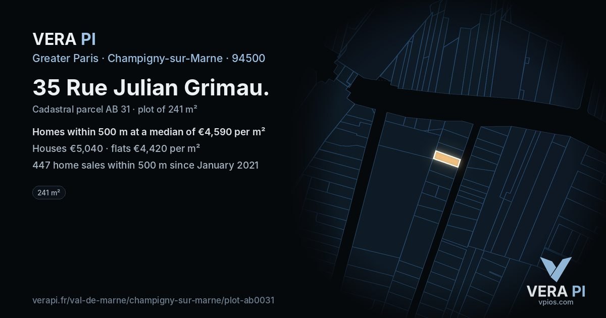 35 Rue Julian Grimau, Champigny-sur-Marne at night – the plot lit, the parcels around coloured by the prices near them