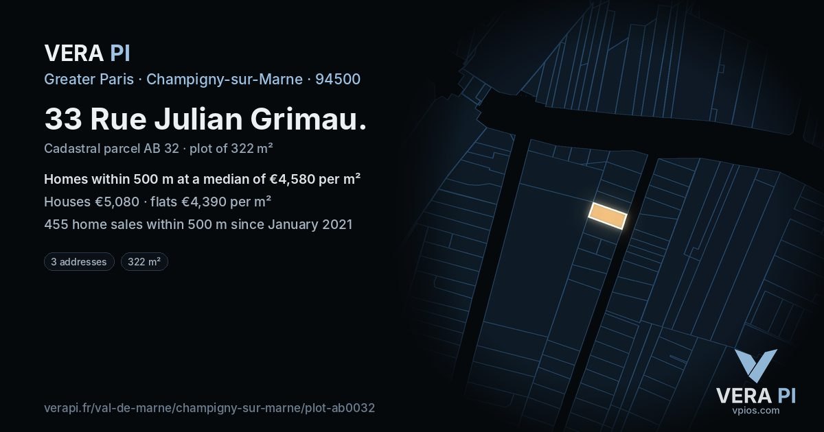 33 Rue Julian Grimau, Champigny-sur-Marne at night – the plot lit, the parcels around coloured by the prices near them